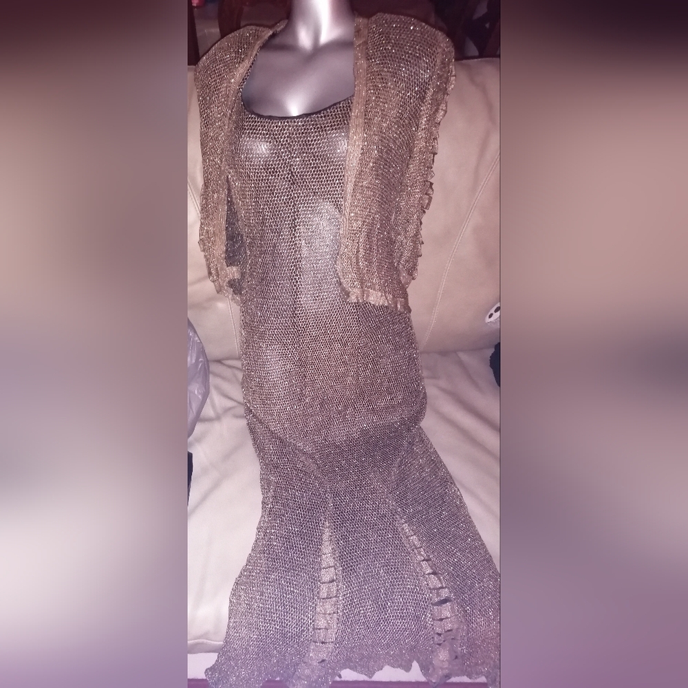 🐧 Vintage 1980s Lillie Rubin Metallic Bronze Gold Mesh Trumpet Gown with wrap